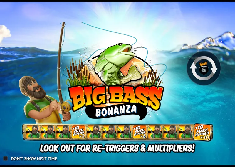 Вступний банер Big Bass Bonanza з рибалкою, рибиною і трьома значками "+10 Free Spins" з множниками 2x, 3x та 10x