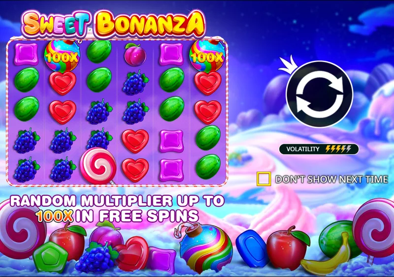 Сітка Sweet Bonanza з активними бомбами 100x та підписом "Random Multiplier up to 100X in Free Spins"