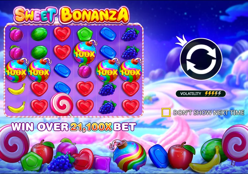 Поле Sweet Bonanza 6×5 з бомбами 100x та підписом "WIN OVER 21,100X BET"